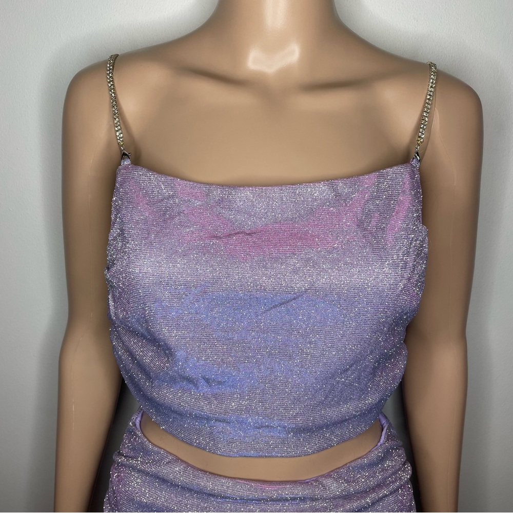 Purple Sparkly 2 Piece Cropped Tank Top & Ruched Skirt Set Rhinestone Straps - Picture 3 of 7